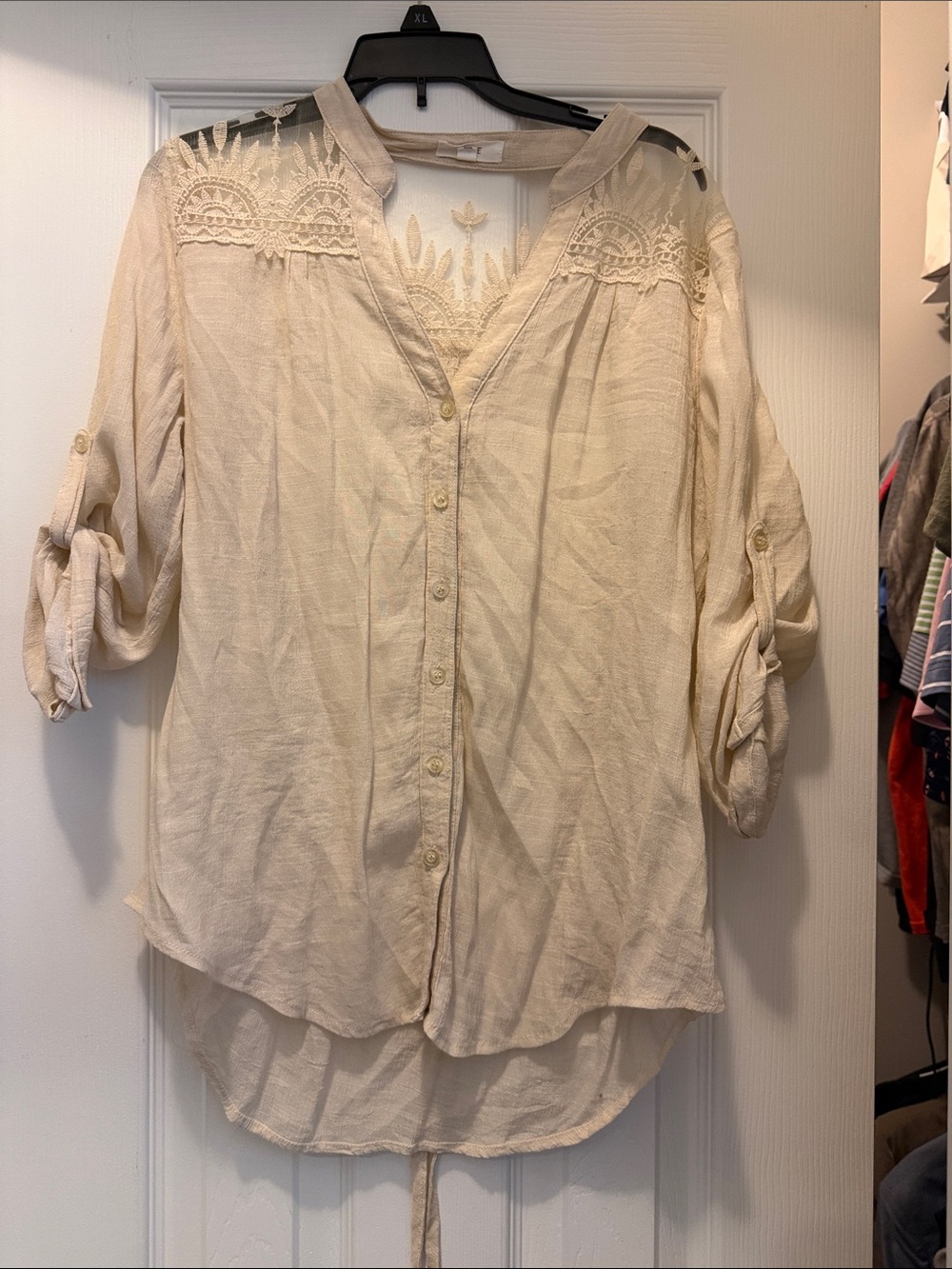 mine Cream Embroidered Lace Yoke Button-Down Blouse